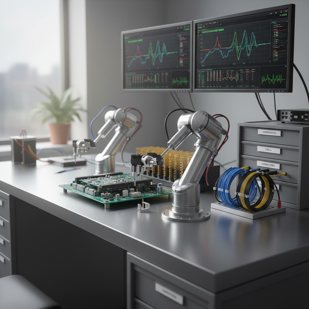 A modern office or lab setting with two computer monitors and robotics on a grey desk.