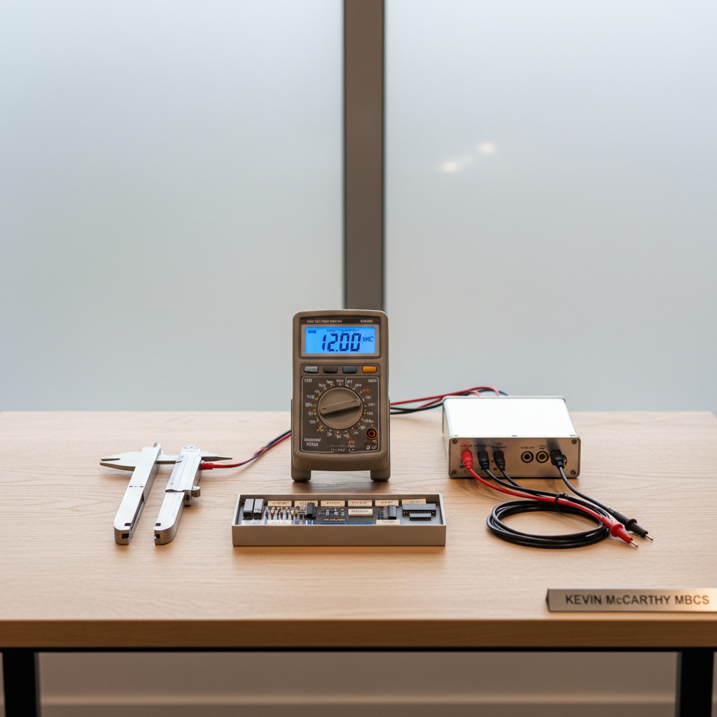 An electronic device, likely a circuit tester, of several components, including a multimeter, shown on a desk atop an unno...