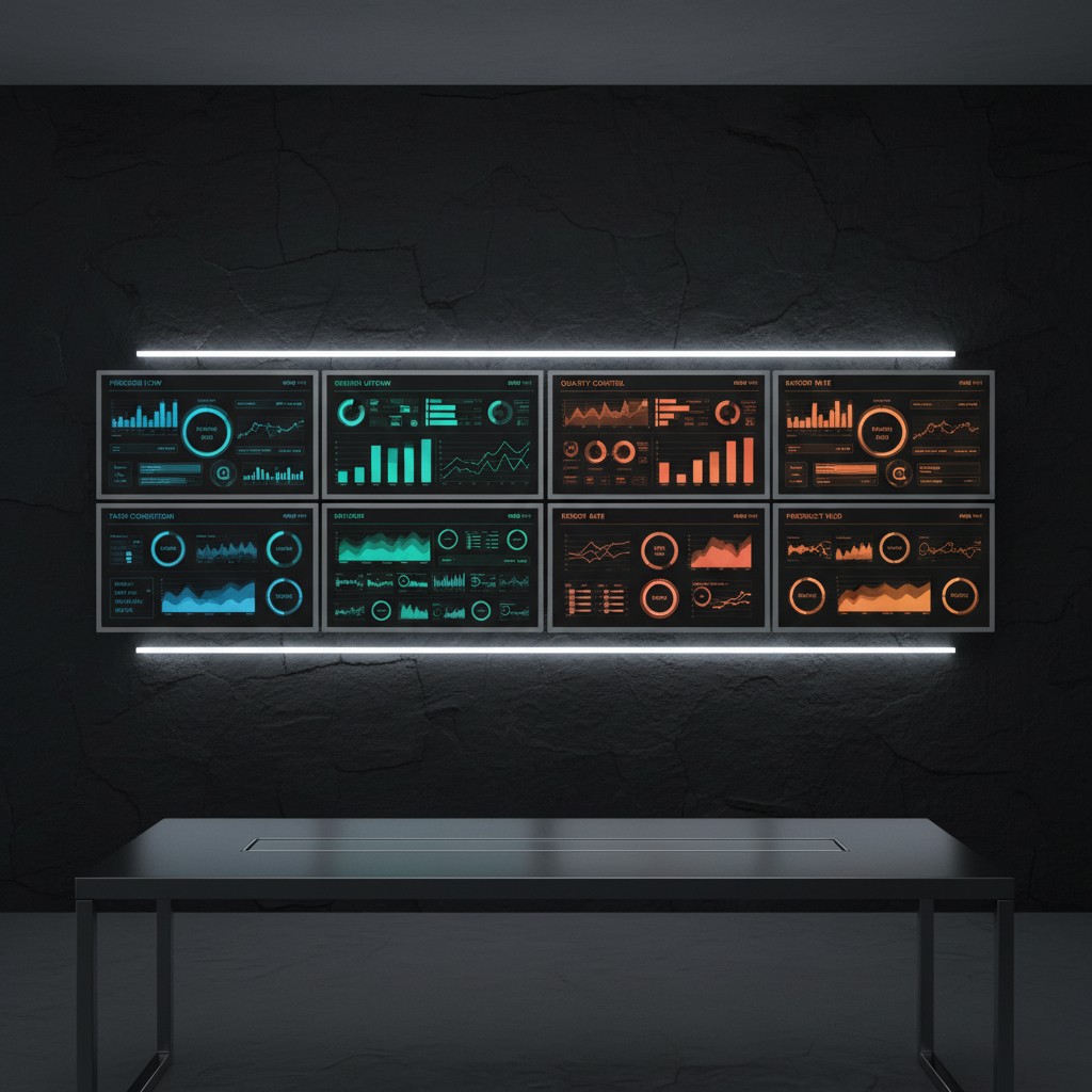 An office setting with a dark wall, a table, and a large screen displaying multiple charts and graphs.